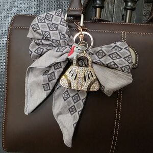 Gray Patterned Bow Bag Charm Accessory With Dino And Blingy Mini Purse Accessory